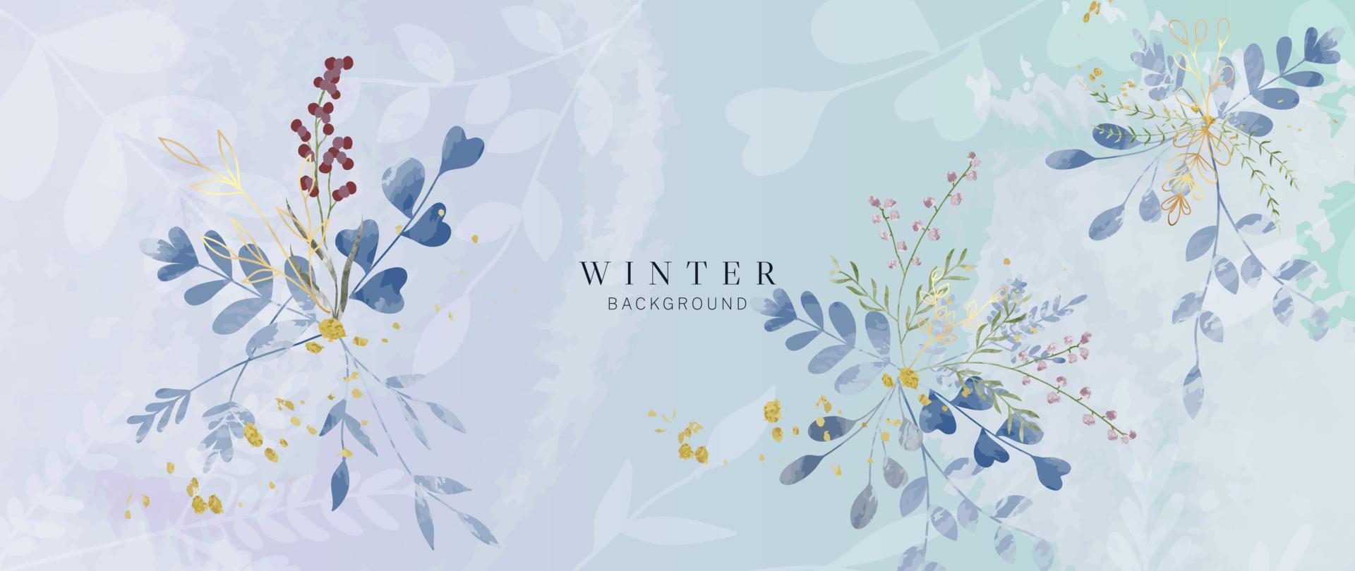 Watercolor abstract winter botanical background vector illustration. Hand painted watercolor winter wild leaf branch with gold texture line art. Design for poster, wallpaper, banner, card, decoration.