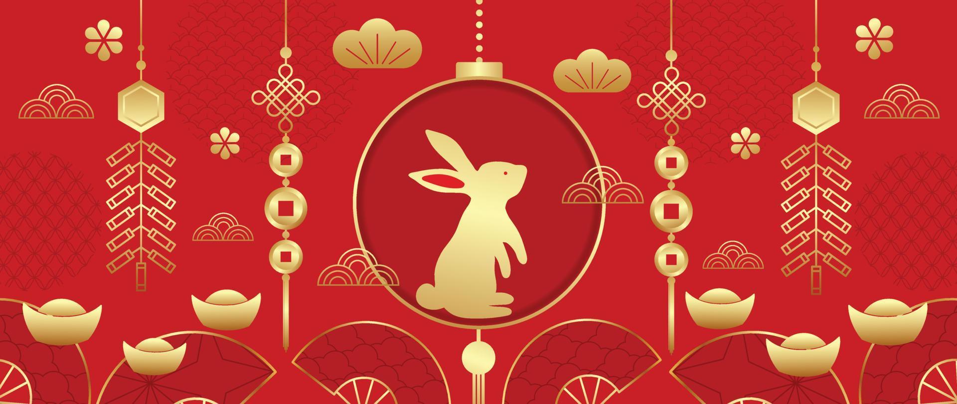Oriental Japanese and Chinese luxury style pattern background vector. Traditional gold rabbit, firecracker, fan, money and chinese pattern background. Design illustration for wallpaper, card, poster. vector