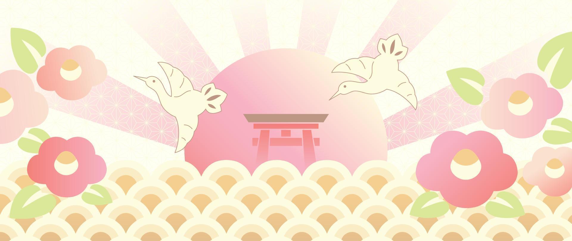 Japanese background vector illustration. Happy new year decoration template pastel japanese pattern style with crane bird and torii gate, flower shape. Design for card, wallpaper, poster, banner.