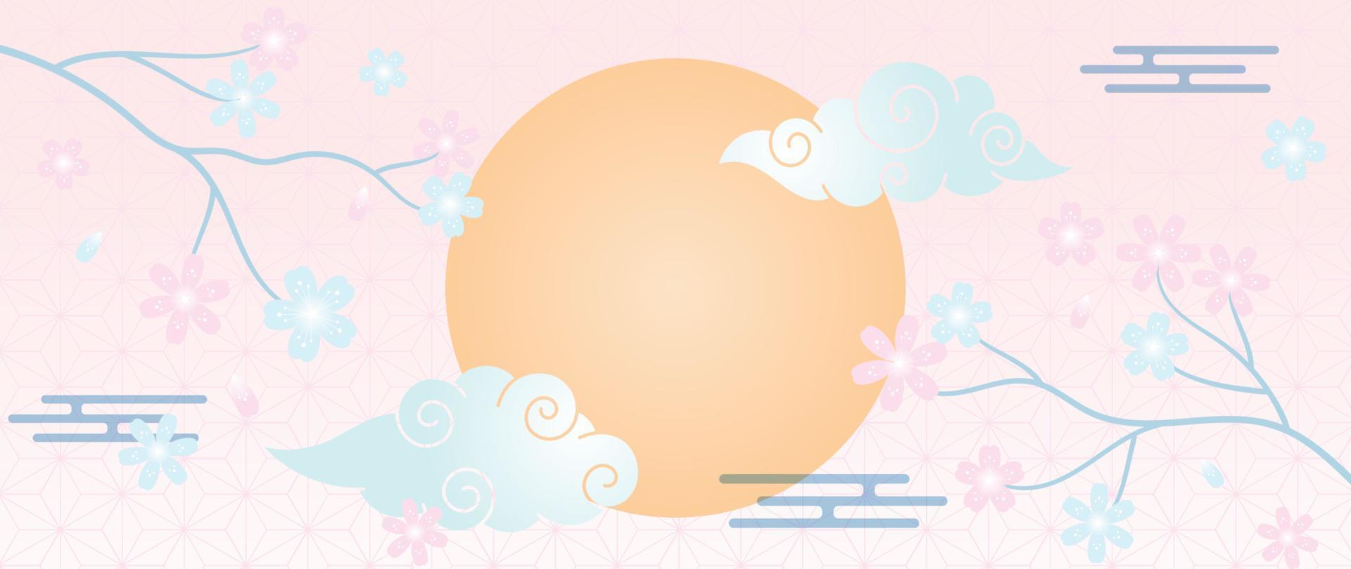 Japanese background vector illustration. Happy new year card decoration template in pastel oriental japanese pattern style with moon, cloud and cherry blossom. Design for wallpaper, poster, banner.