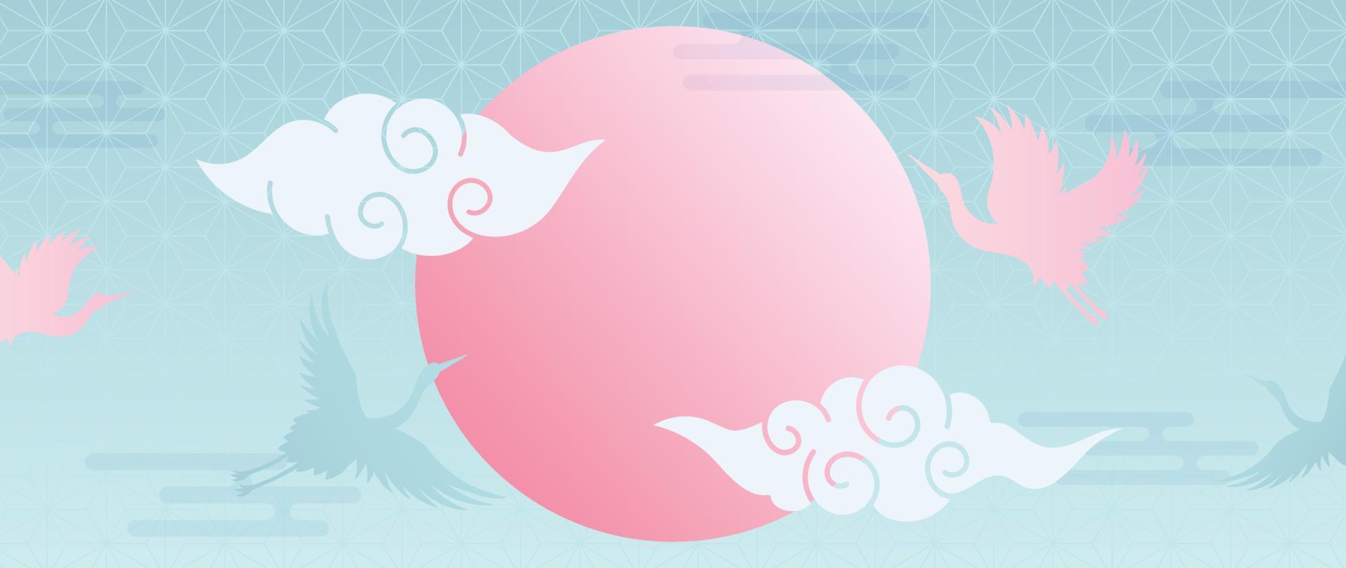 Japanese background vector illustration. Happy new year decoration template pastel color oriental japanese pattern style with crane bird, moon, and cloud. Design for card, wallpaper, poster, banner.