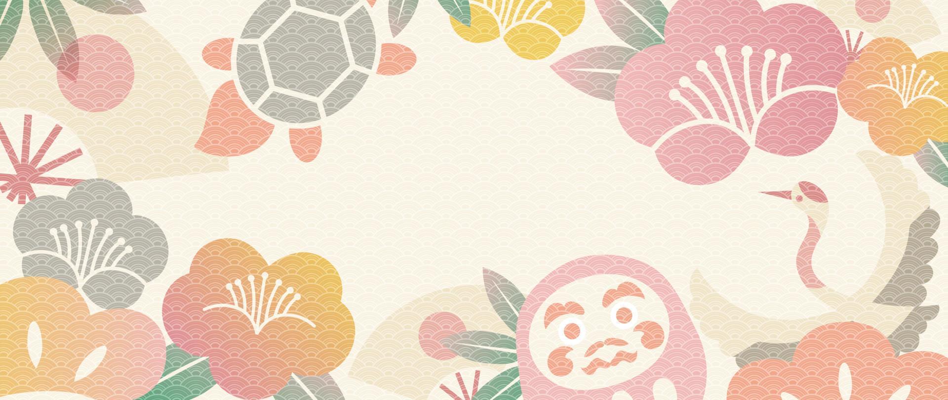 Japanese background vector illustration. Happy new year decoration template pastel japanese pattern style with daruma doll, flower shape, crane bird, fan. Design for card, wallpaper, poster, banner.