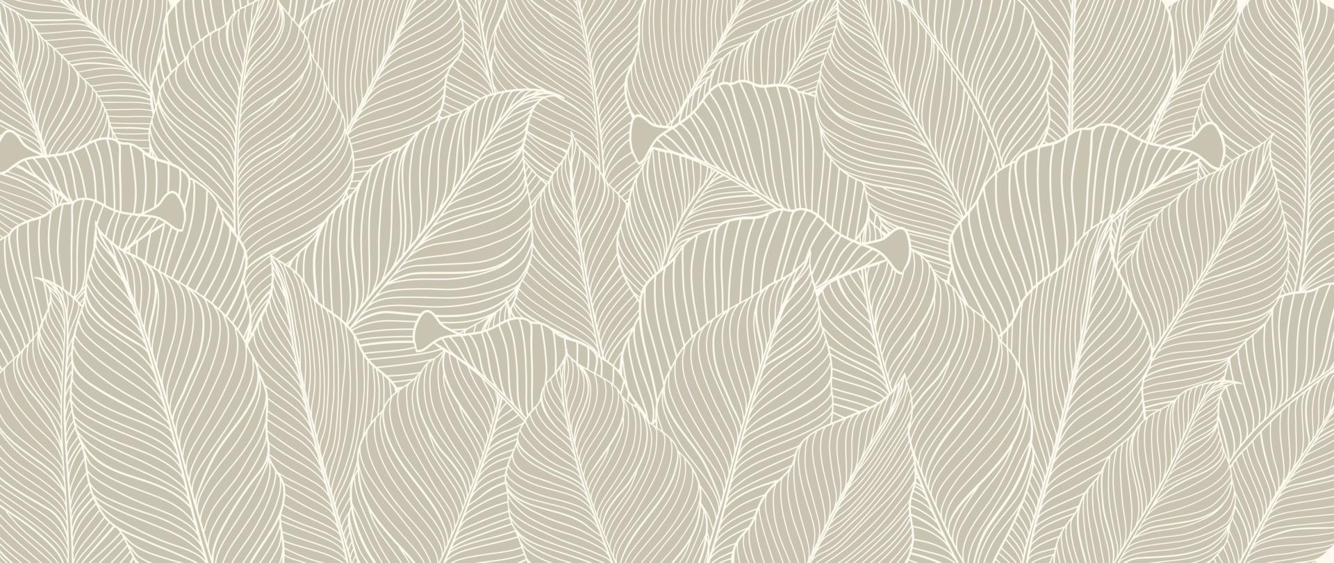 Botanical foliage line art background vector illustration. Tropical palm leaves white drawing contour pattern background. Design for wallpaper, home decor, packaging, print, poster, cover, banner.