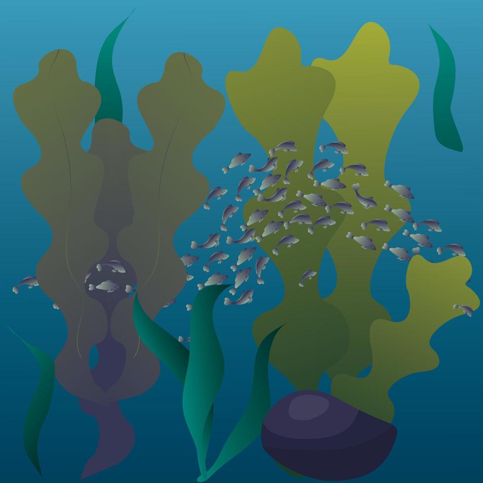 A flock of small fish swim among the algae. Vector illustration.
