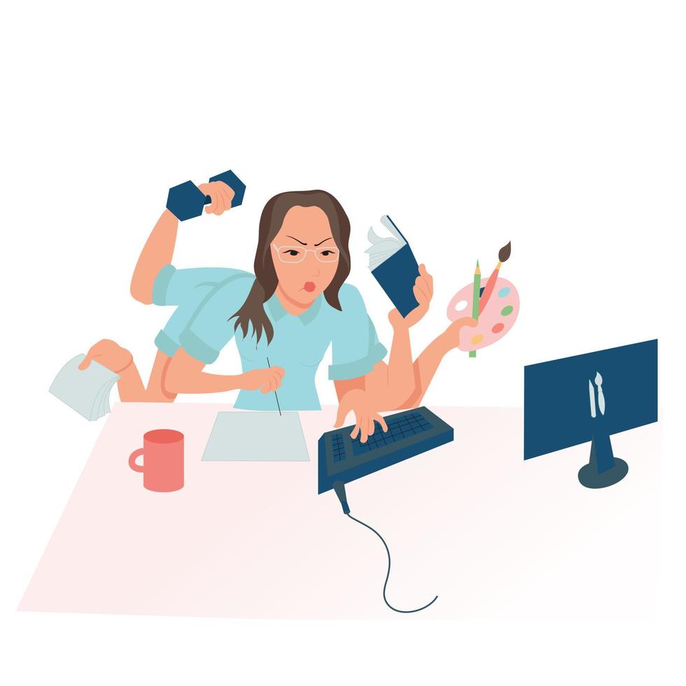 el concepto de una chica moderna. una mujer que compagina trabajo, estudio, tareas del hogar, familia, deporte y aficiones. vector