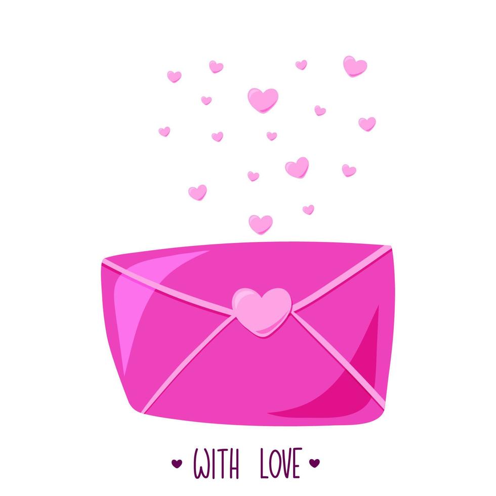 Greeting card with Opened lovely pink envelope with hearts and Valentines Day quote. With love vector