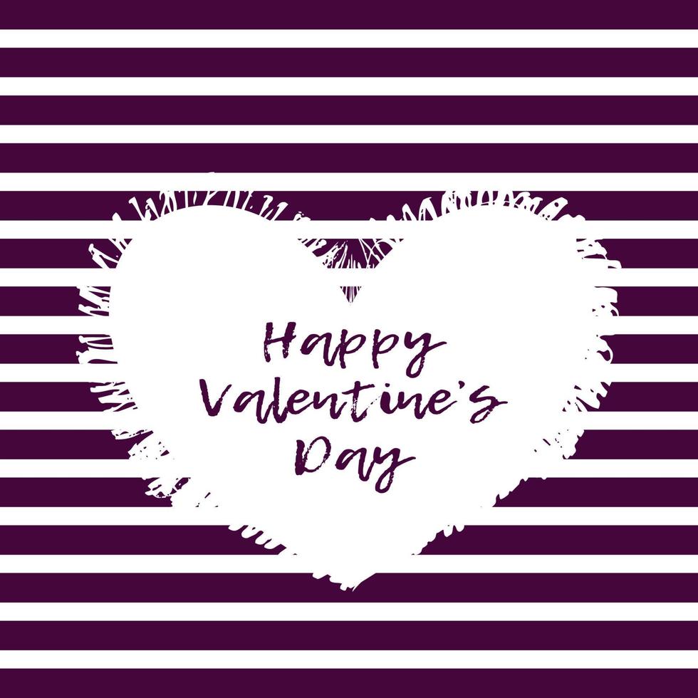 feliz postal del día de san valentín con corazón desgarrado dibujado a mano sobre fondo morado rayado con letras vector