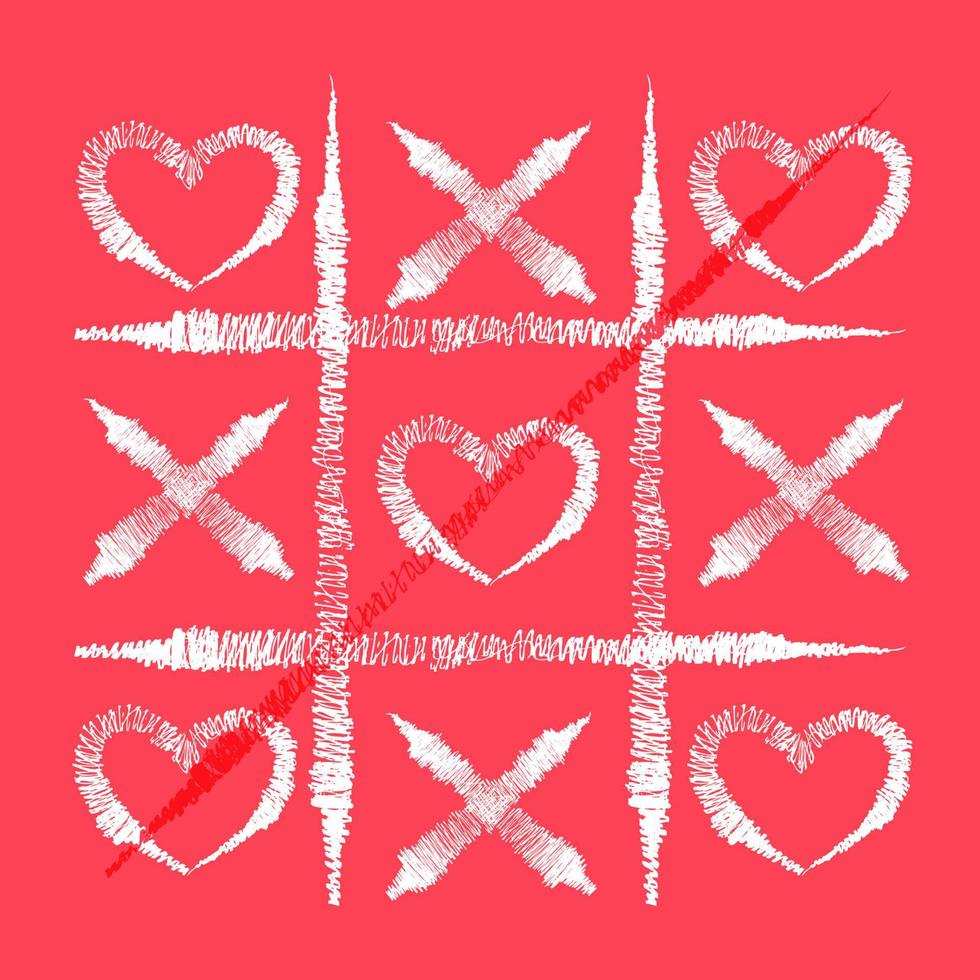 Greeting Valentines Day card with XO game tic-tac-toe with hearts. Love game vector