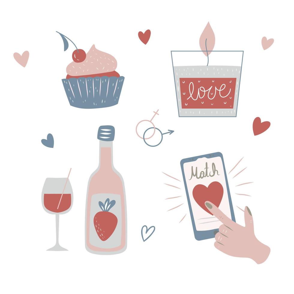 Vector hand-drawn illustration of online dating, virtual love, wine, sweets. Modern valentine's day elements