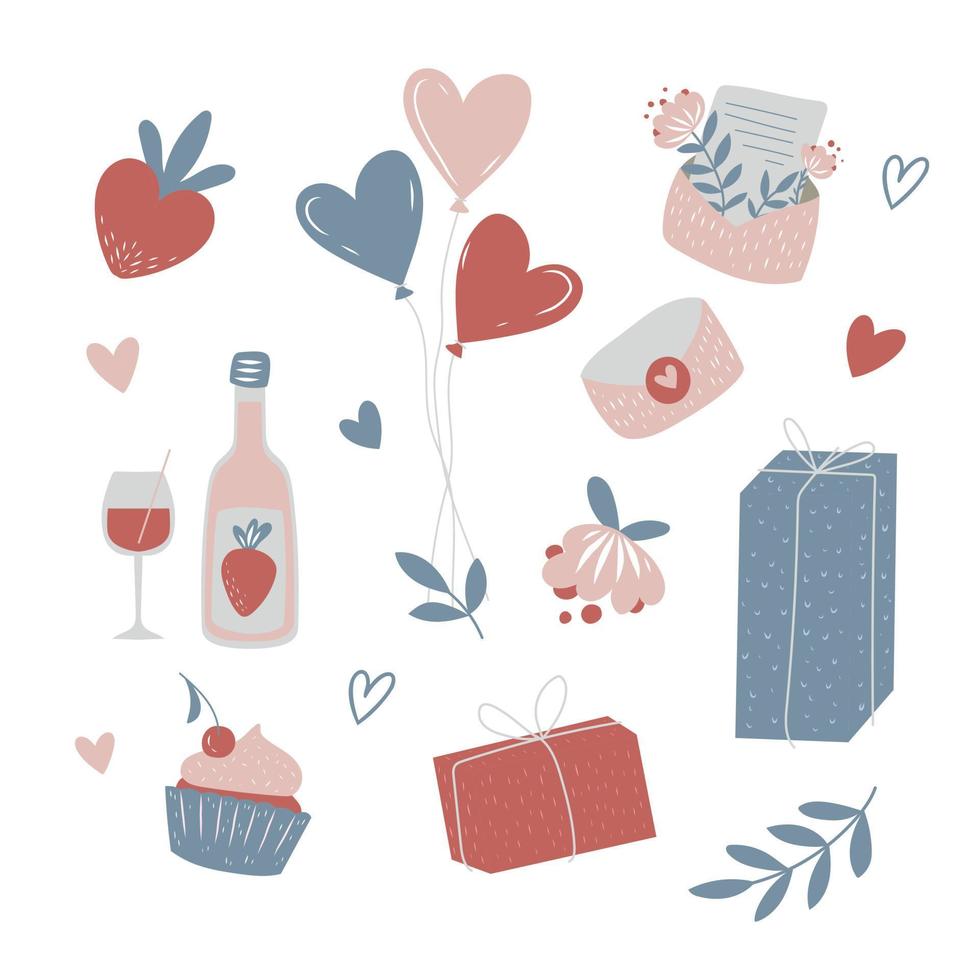 conjunto de elementos de doodle del día de san valentín. regalo, corazón, globo, dulces, bebidas, cartas de amor, rosa, dulces y otros para decorar. pegatinas románticas dibujadas a mano vector