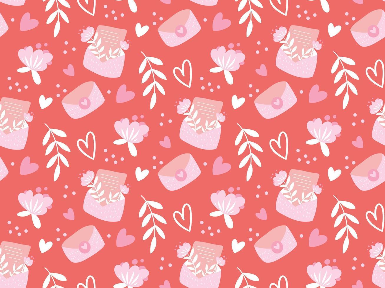 Red Romantic seamless pattern with hearts, messages of love and leaves .Seamless vector pattern for your design. Great for Baby, Valentine's Day, wedding, scrapbook, surface textures