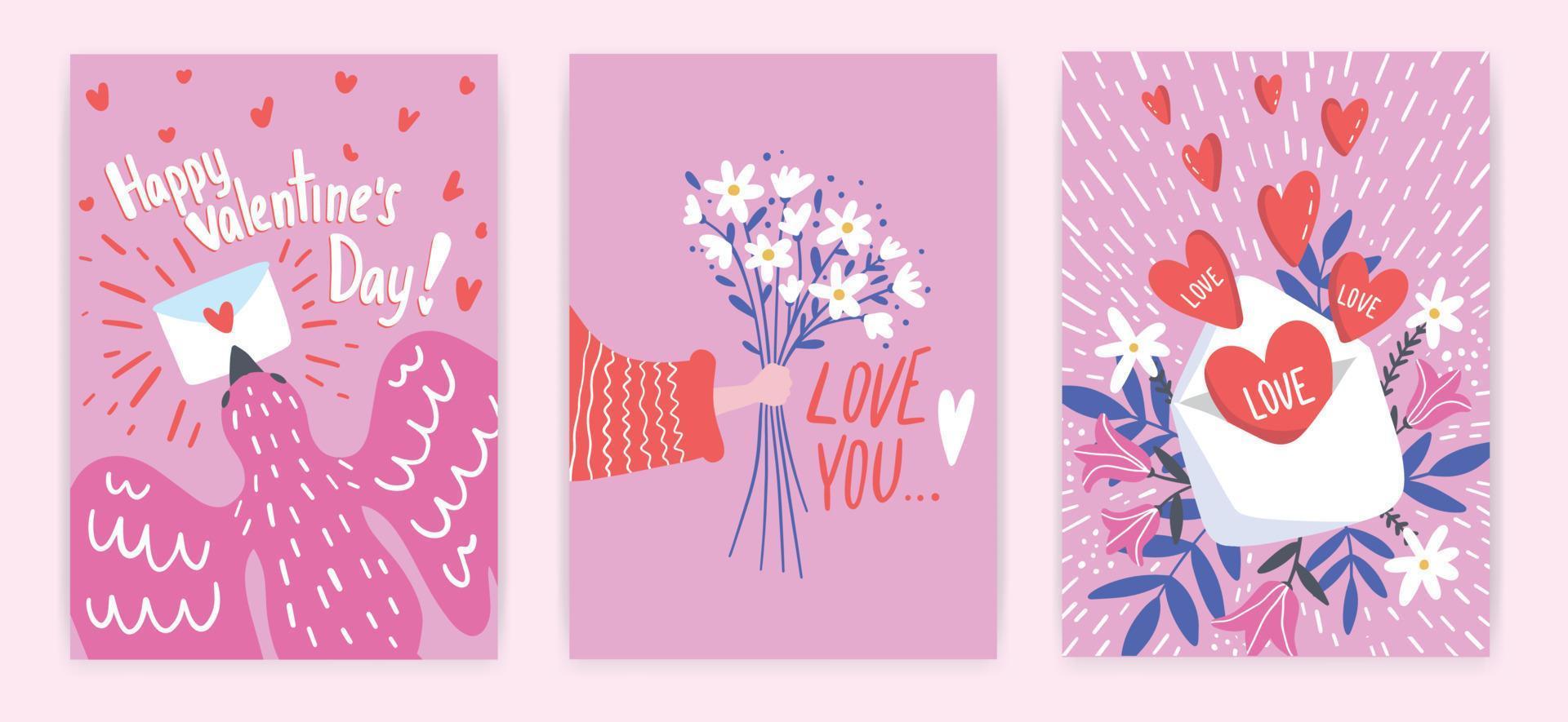 conjunto de carteles de concepto de día de san valentín. ilustración vectorial ramo de flores planas, corazones rojos, pájaros, sobres sobre fondo rosa. trandy banners dibujados a mano o tarjetas de felicitación vector