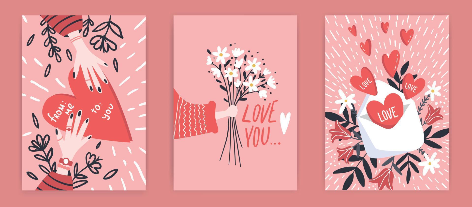 conjunto romántico de tarjetas de felicitación para el día de san valentín. colección de vectores con letras de pincel y elementos escritos a mano. etiquetas de color rosa, rosa y blanco para su diseño e invitación