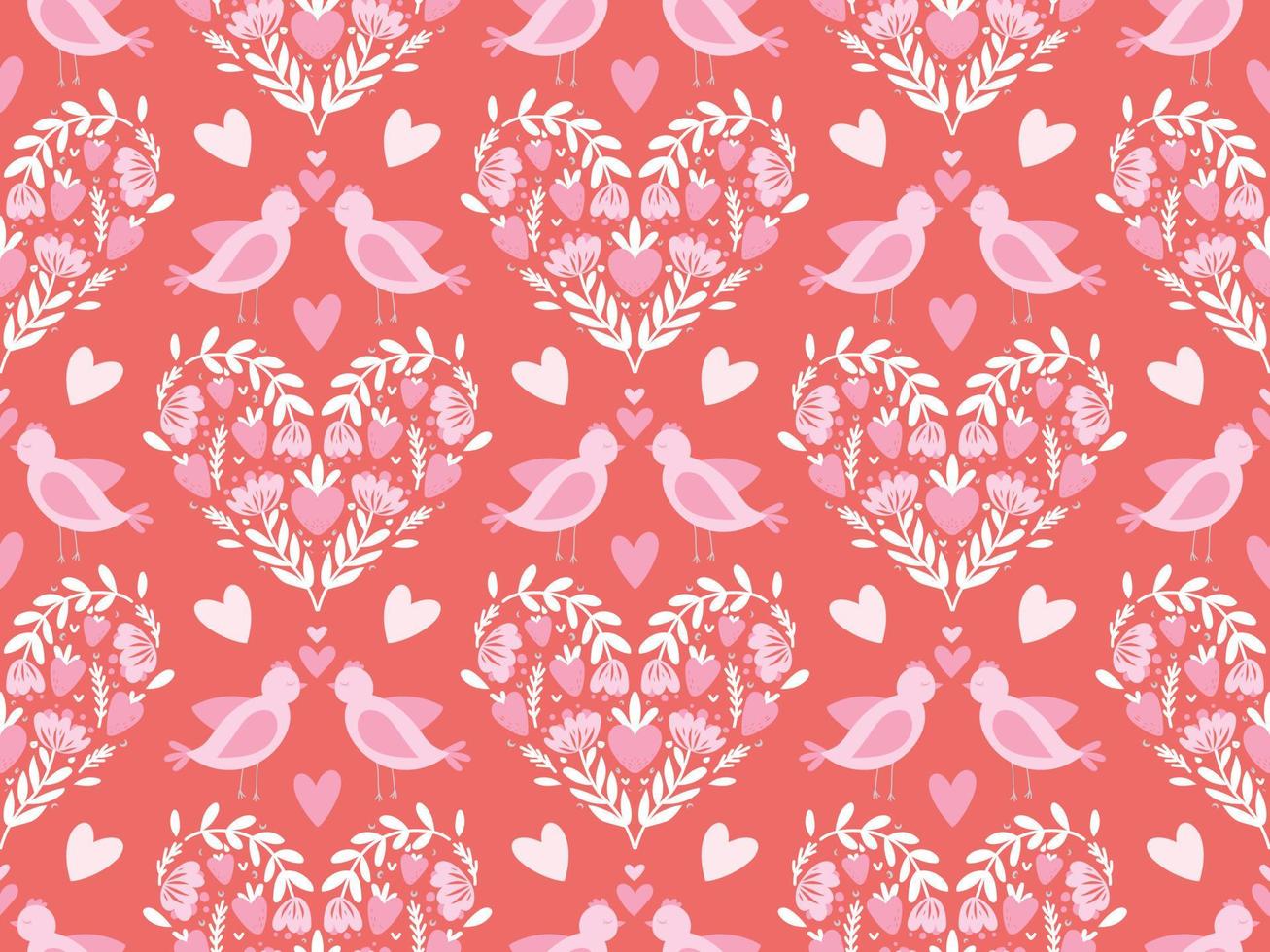Seamless Pattern for Valentine's day with birds and leaves. Vector background