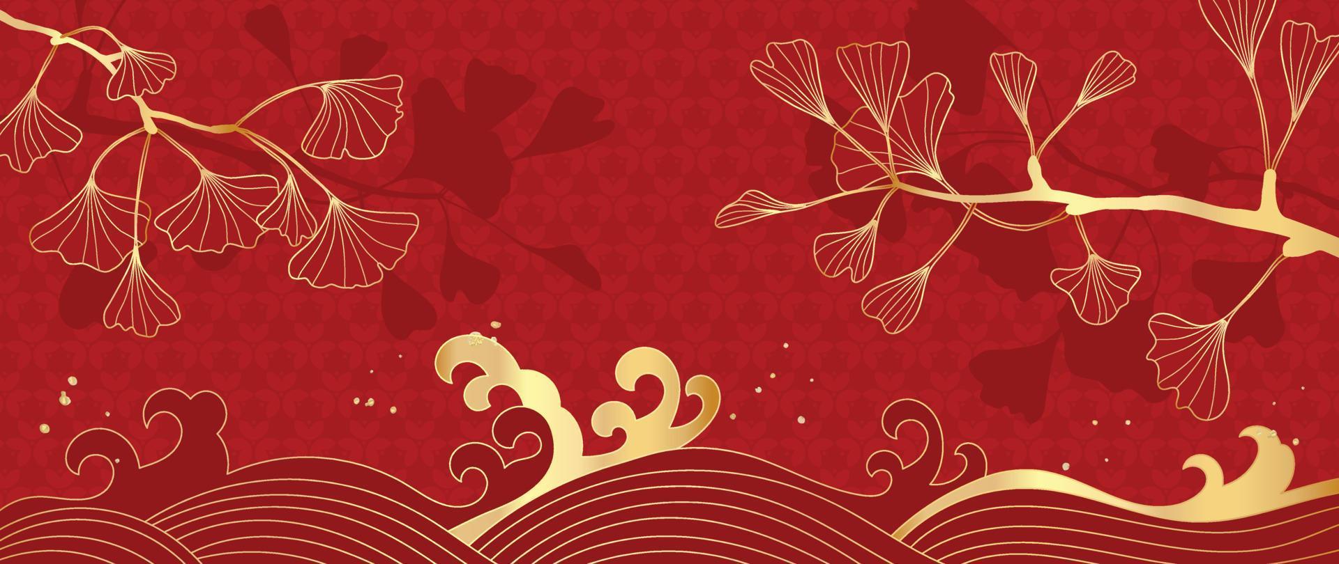 vector de fondo de patrón de estilo de lujo japonés y chino oriental. rama de hoja de ginkgo dorado y arte de línea de onda sobre fondo de patrón chino. ilustración de diseño para papel tapiz, tarjeta, afiche.