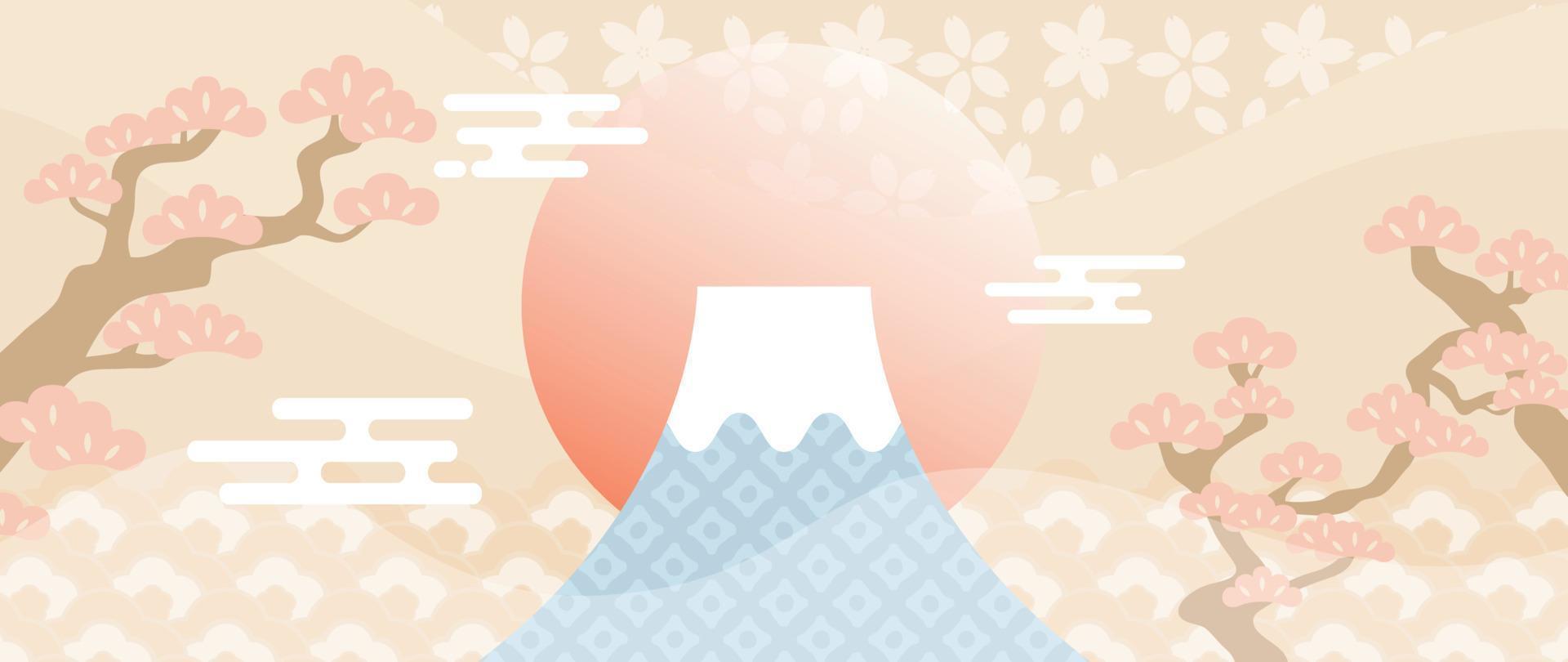 Japanese background vector illustration. Happy new year decoration template pastel japanese pattern style with crane bird, trees, cloud and mount fuji. Design for card, wallpaper, poster, banner.