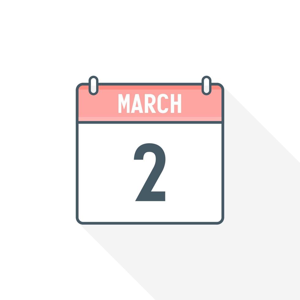 2nd March calendar icon. March 2 calendar Date Month icon vector