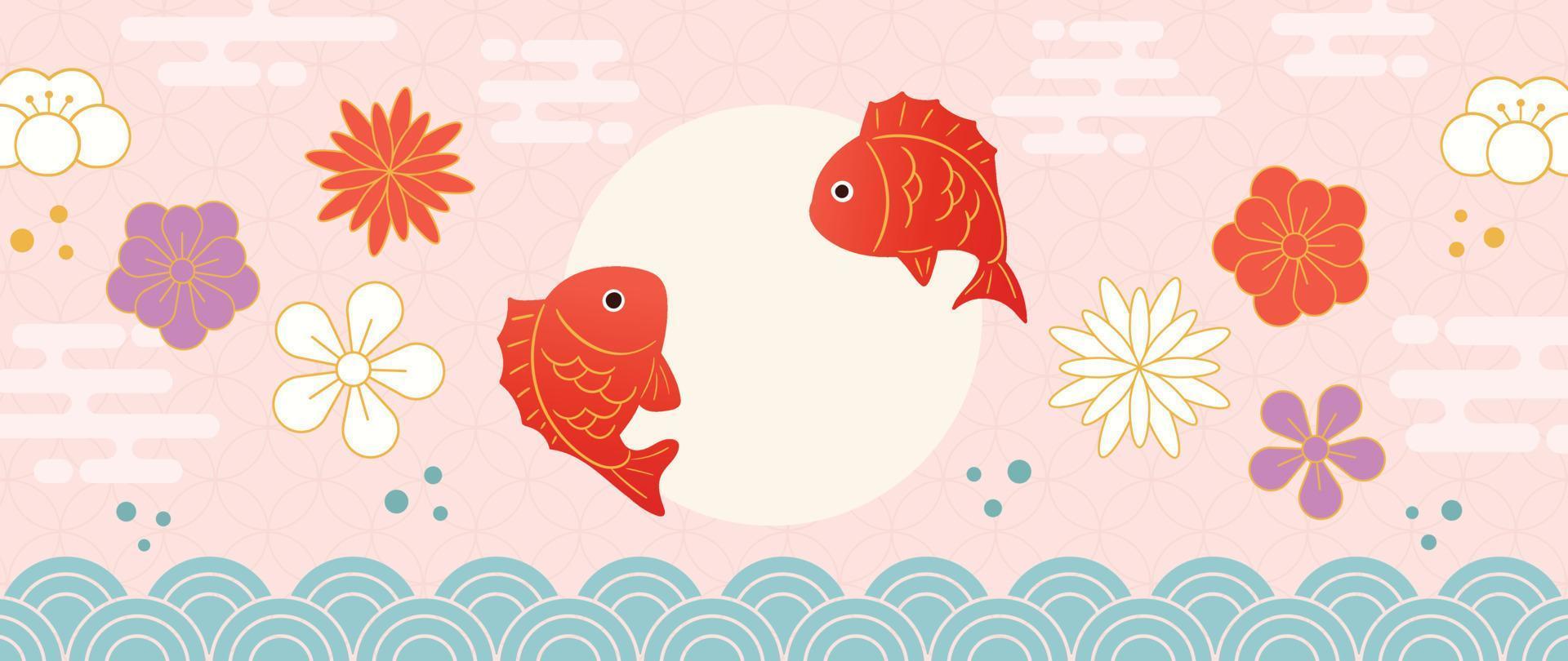 Ilustración de vector de fondo japonés. plantilla de decoración de feliz año nuevo en color pastel vibrante estilo japonés con peces dorados, flores y olas. diseño para tarjeta, papel pintado, afiche, pancarta.