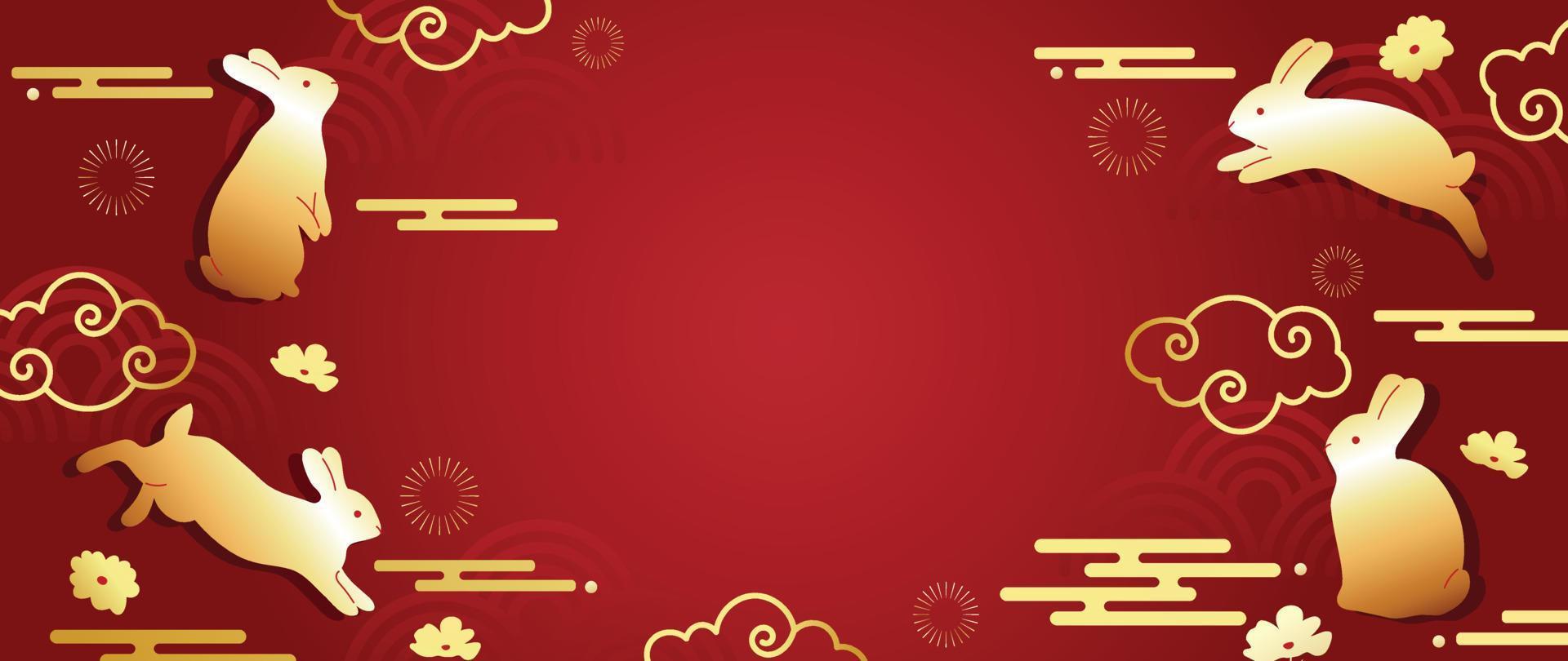 vector de fondo de patrón de estilo de lujo japonés y chino oriental. conejo juguetón dorado tradicional, nube, flor y fondo de patrón chino. ilustración de diseño para papel tapiz, tarjeta, afiche.