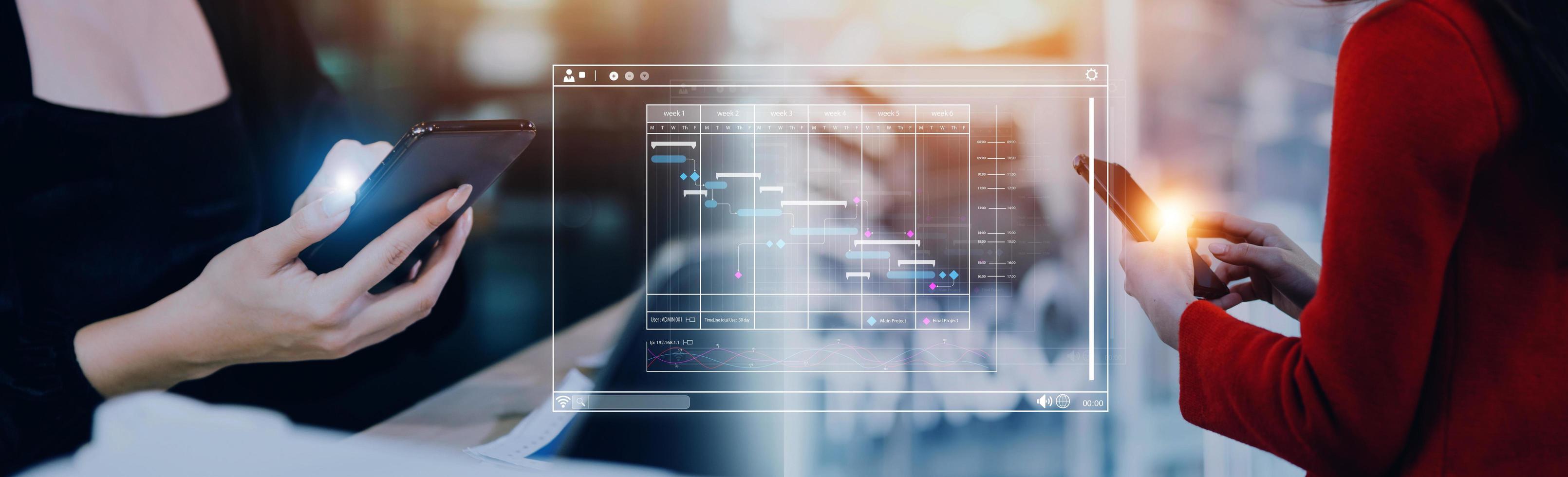 Analyst working with computer in Business Analytics and Data Management System to make report with KPI and metrics connected to database. Corporate strategy for finance, operations, sales, marketing photo