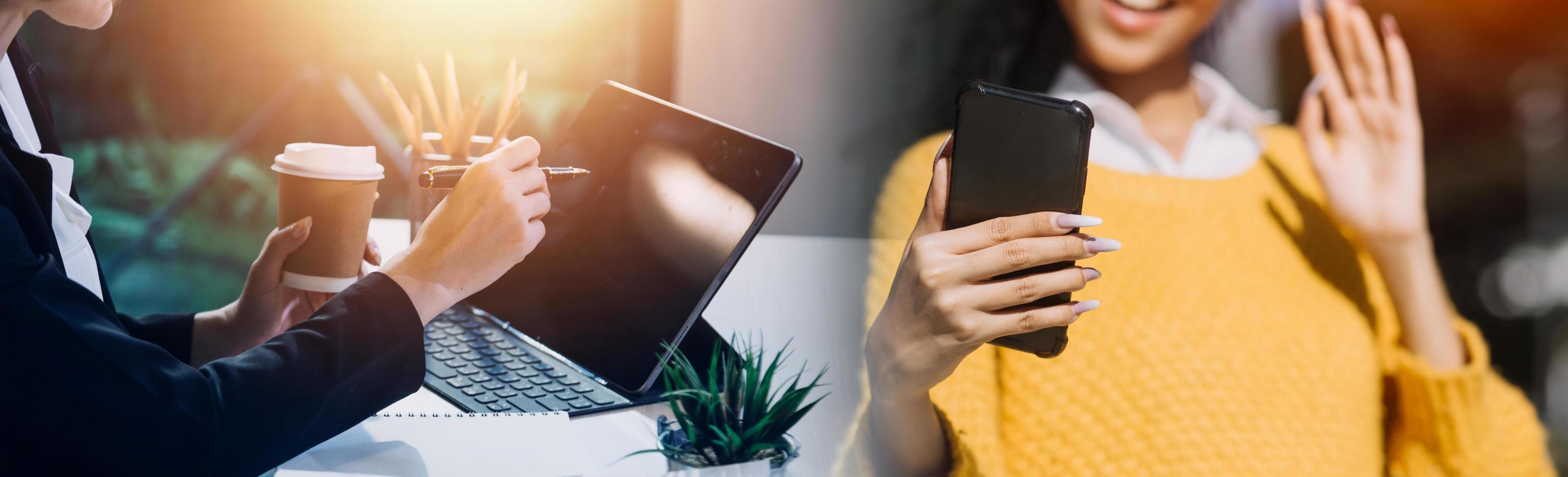 hombre de negocios y equipo analizando la tarea financiera de los estados financieros. con teléfono inteligente y computadora portátil y tableta. concepto de gestión de riqueza foto