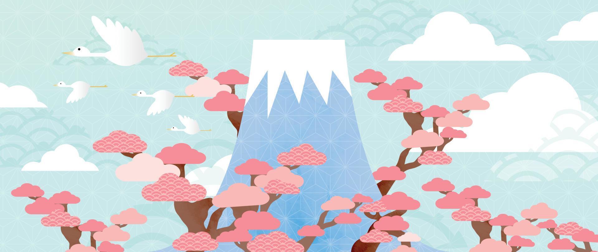 Japanese background vector illustration. Happy new year decoration template pastel japanese pattern style with crane bird, trees, cloud and mount fuji. Design for card, wallpaper, poster, banner.