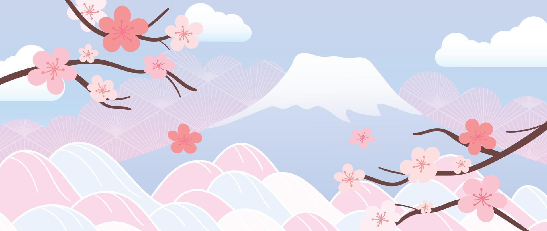 Ilustración de vector de fondo japonés. feliz año nuevo decoración plantilla color pastel estilo japonés con flor de cerezo, nube y monte fuji. diseño para tarjeta, papel pintado, afiche, pancarta.