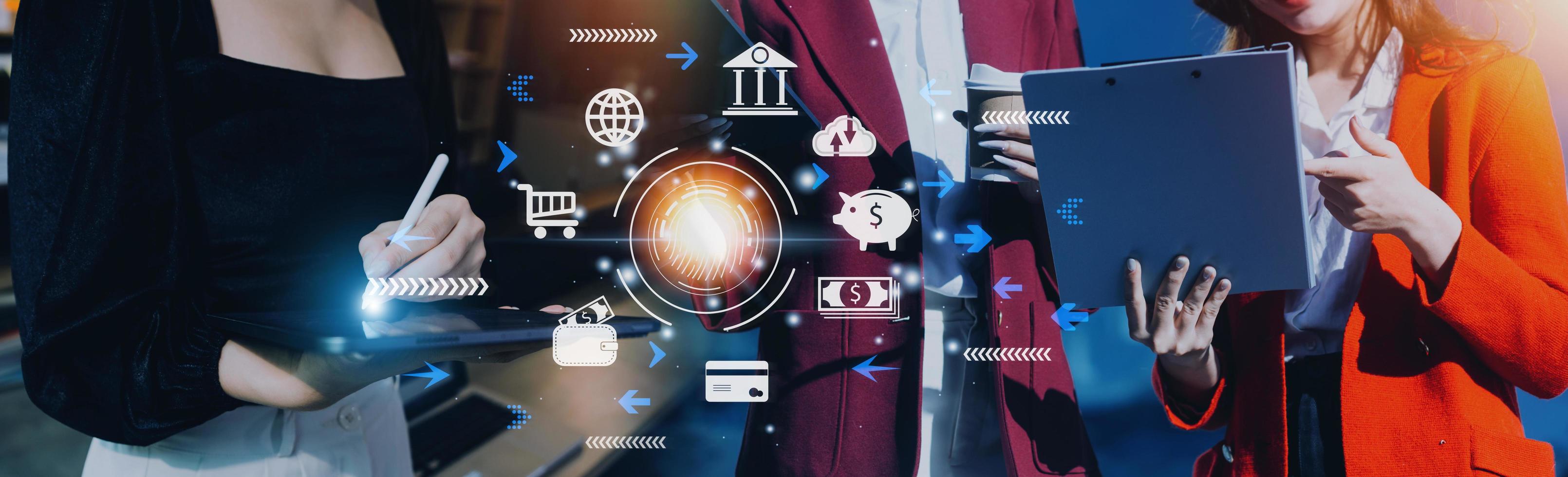 futuristic digital processing of biometric identification fingerprint scanner for access personal financial data. surveillance and security scanning of digital programs cyber futuristic applications photo