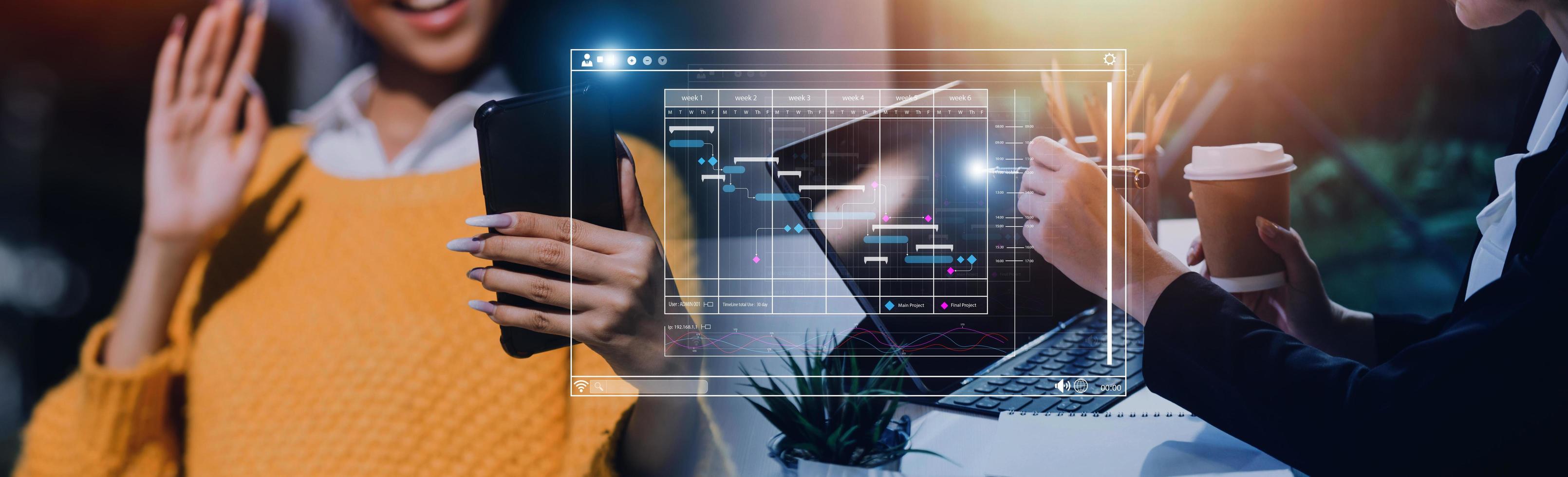 Analyst working with computer in Business Analytics and Data Management System to make report with KPI and metrics connected to database. Corporate strategy for finance, operations, sales, marketing photo