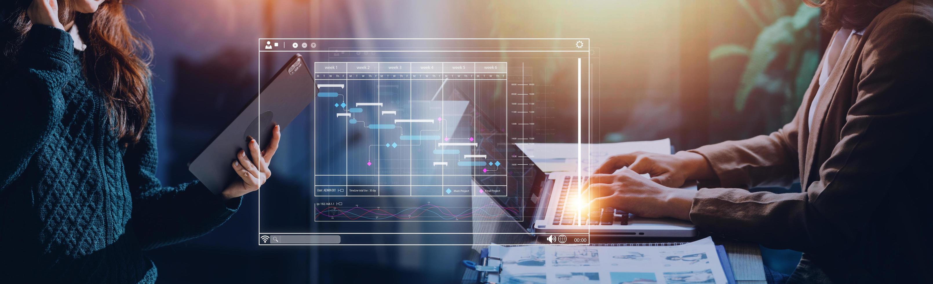 Analyst working with computer in Business Analytics and Data Management System to make report with KPI and metrics connected to database. Corporate strategy for finance, operations, sales, marketing photo