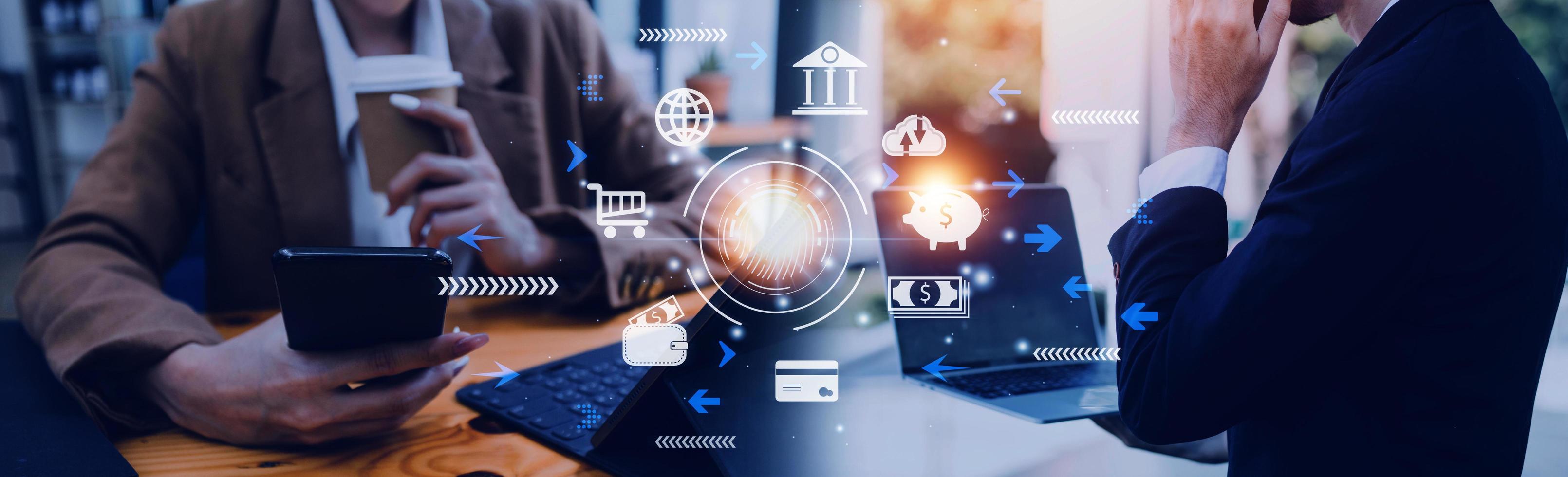 futuristic digital processing of biometric identification fingerprint scanner for access personal financial data. surveillance and security scanning of digital programs cyber futuristic applications photo