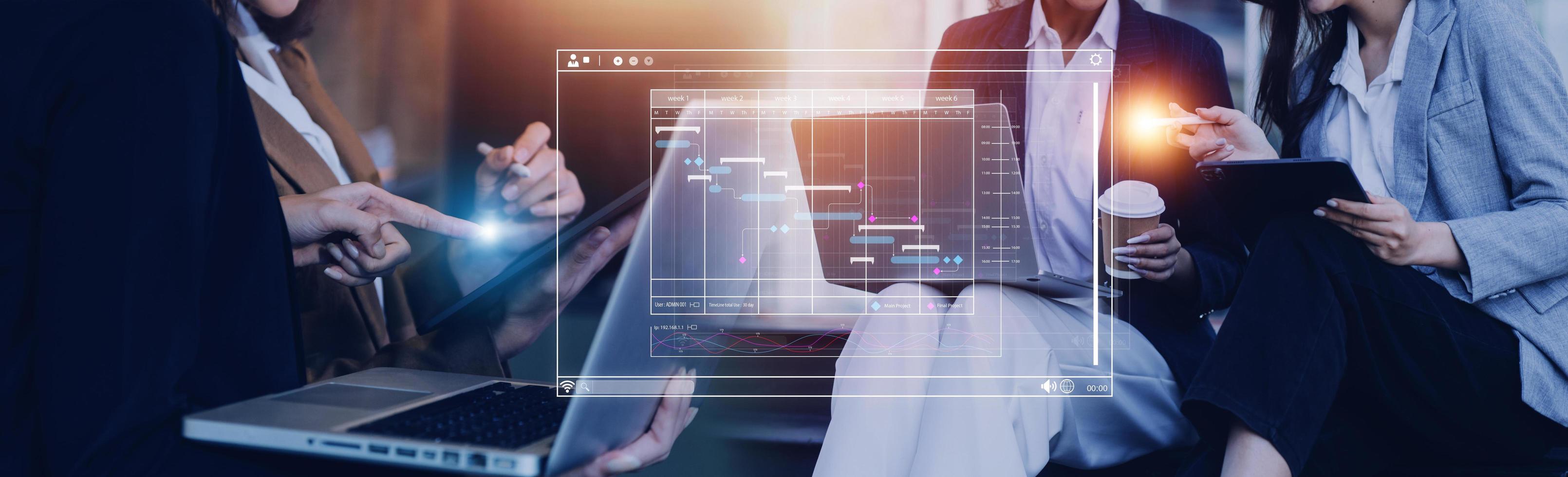 Analyst working with computer in Business Analytics and Data Management System to make report with KPI and metrics connected to database. Corporate strategy for finance, operations, sales, marketing photo