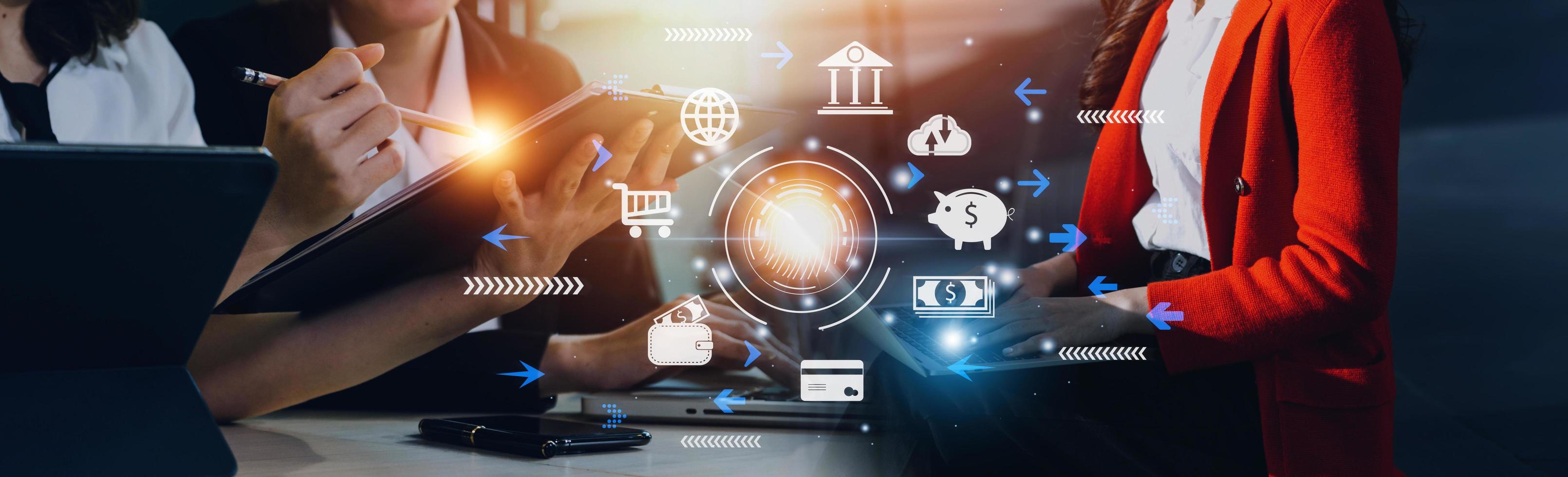 futuristic digital processing of biometric identification fingerprint scanner for access personal financial data. surveillance and security scanning of digital programs cyber futuristic applications photo