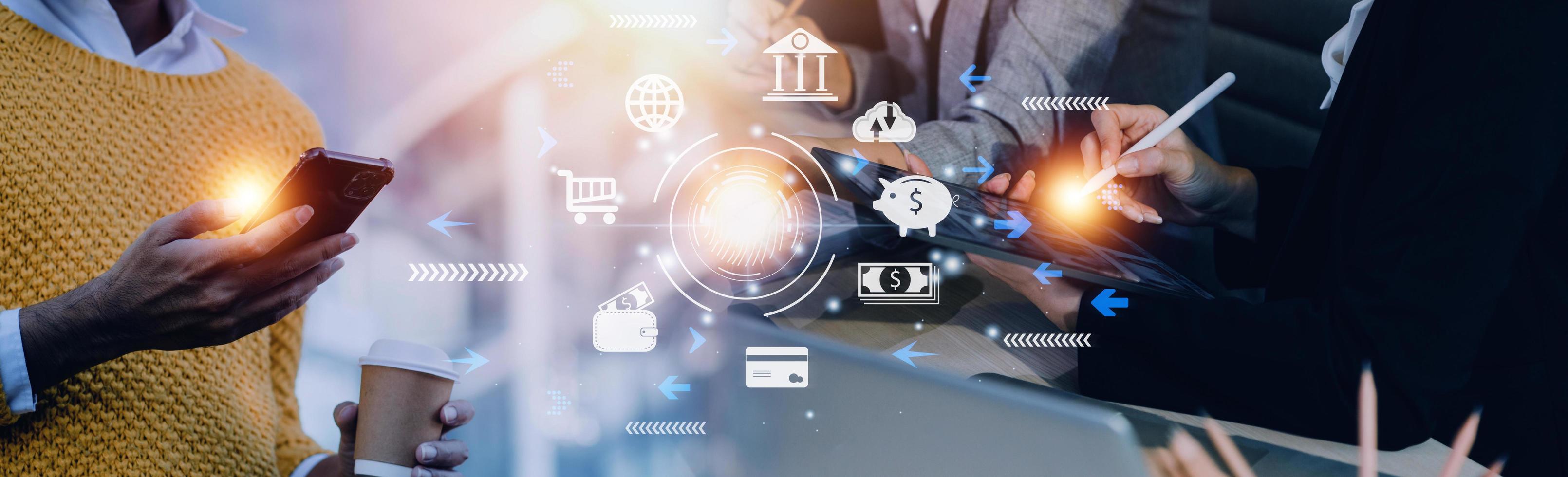 futuristic digital processing of biometric identification fingerprint scanner for access personal financial data. surveillance and security scanning of digital programs cyber futuristic applications photo