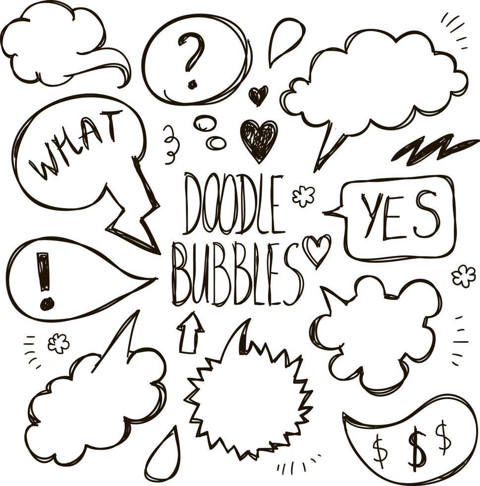 Vector set of hand drawn, doodle speech bubbles. Cartoon, comics, talking socializing illustration