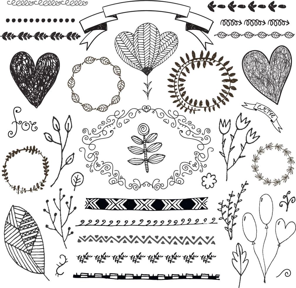 Vector hand drawn doodle romantic set. Linear illustration - flowers, wreaths, deviders, frames, leaves. Use for decoration, wedding invitations, birthday cards packaging etc