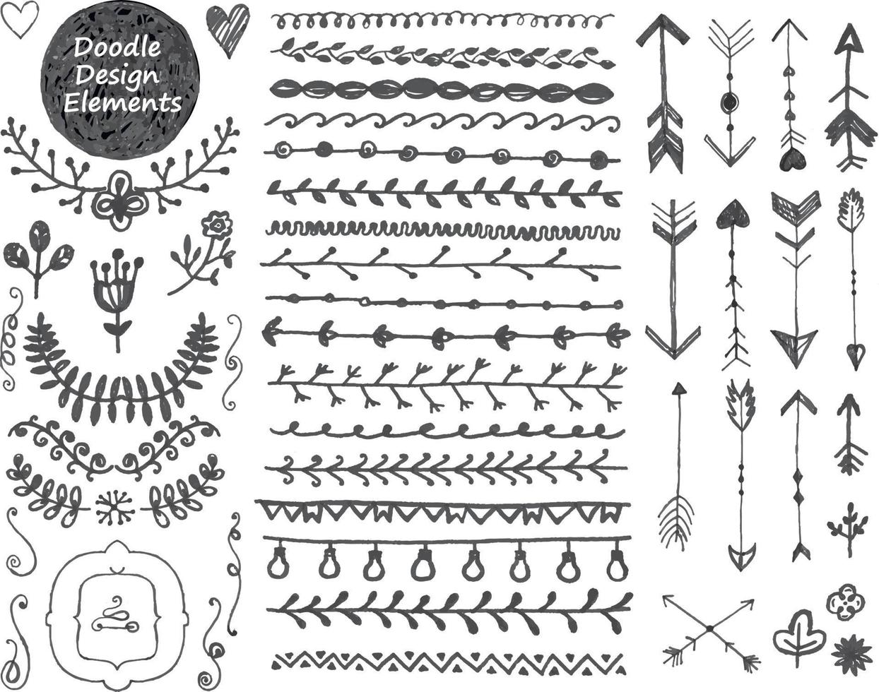 vector floral decor set, collection of hand drawn doodle frames, dividers, borders, arrows design elements. Isolated. May be used for wedding invitations, birthday cards, banners or any design