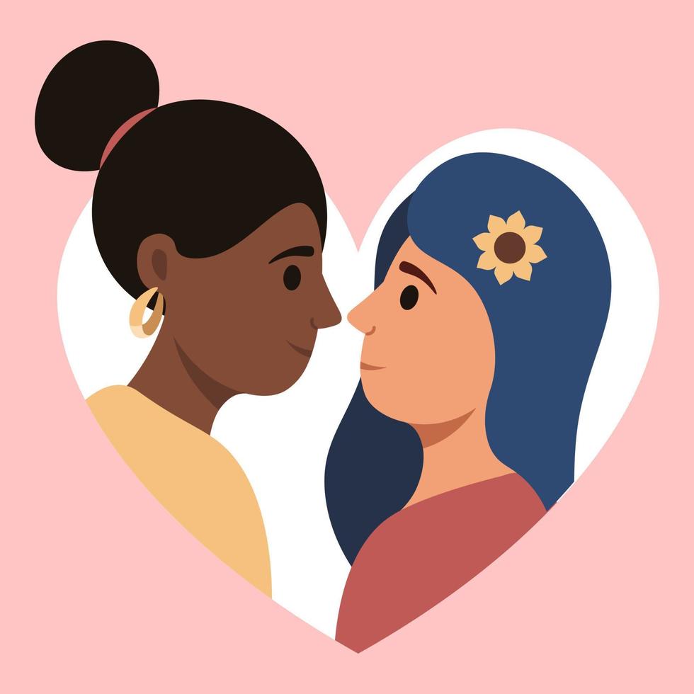 Retrato multicultural de novias con corazón. ilustración de vector de día de san valentín en estilo plano