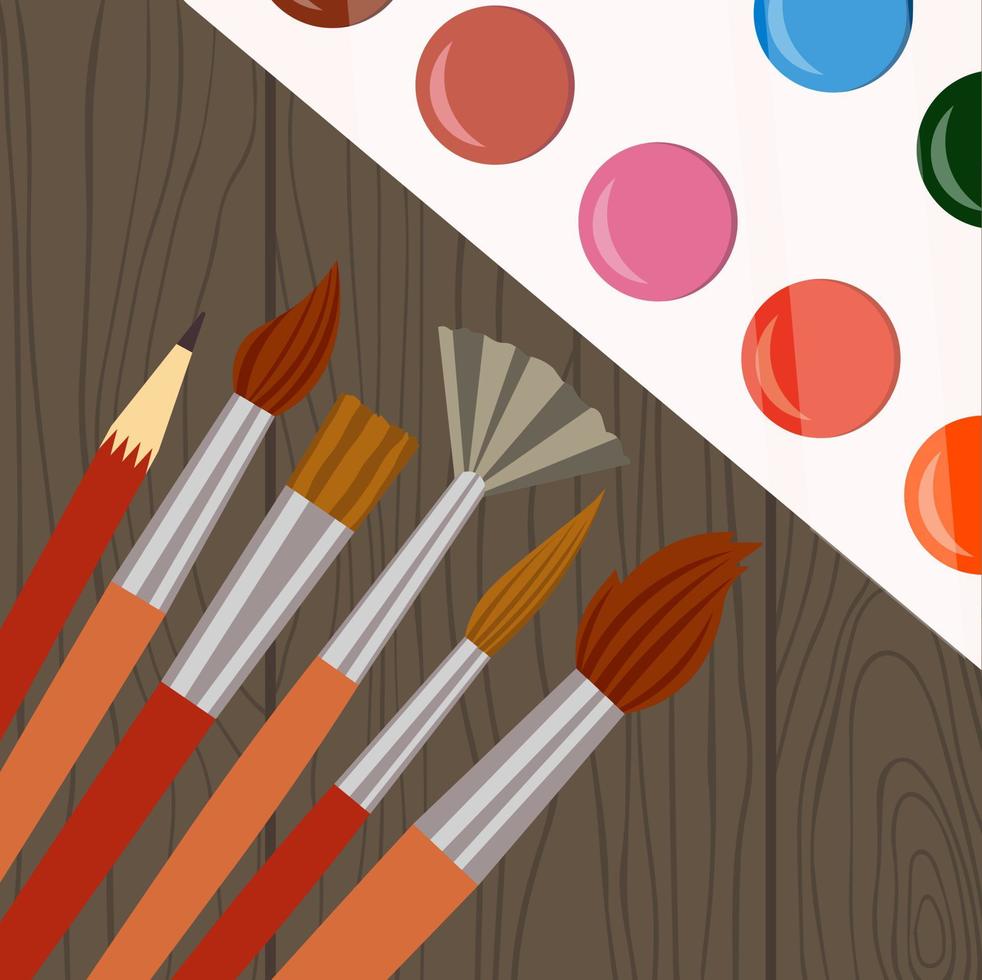 Watercolors Painting Tools. Brushes, Pencil, Aquarelle For Drawing Vector Illustration Flat Style