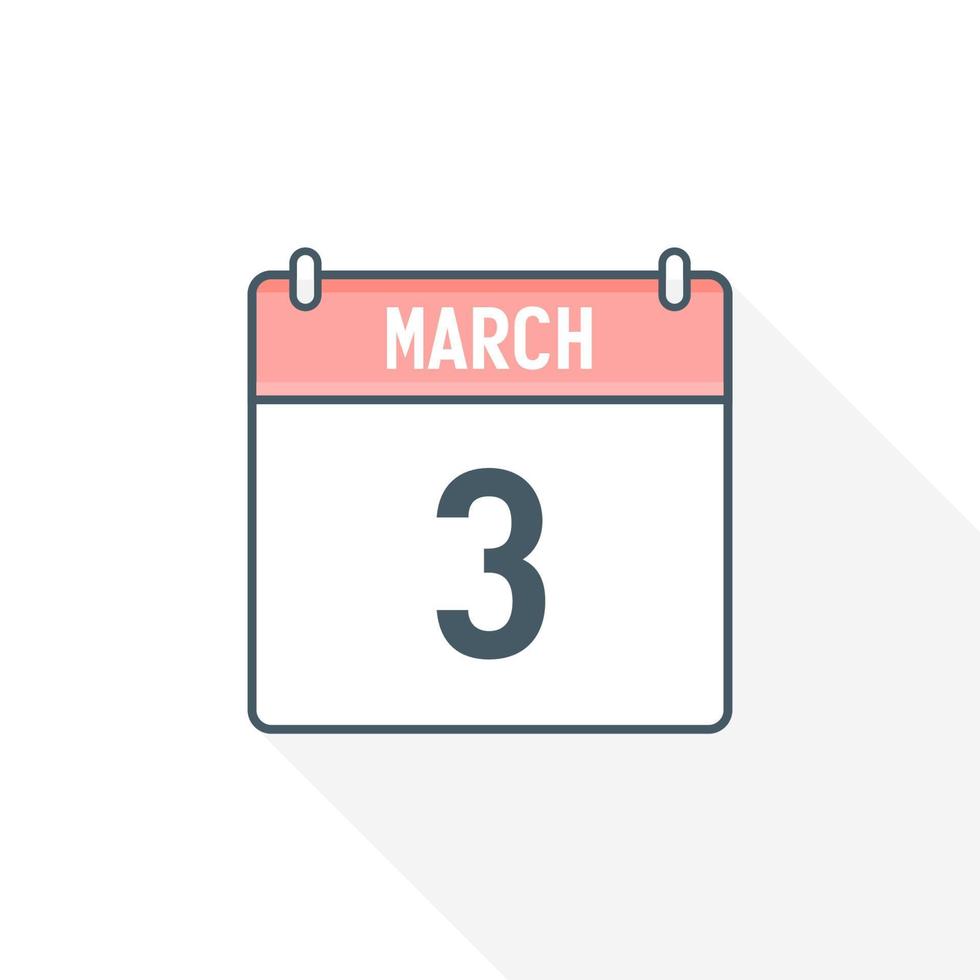 3rd March calendar icon. March 3 calendar Date Month icon vector illustrator