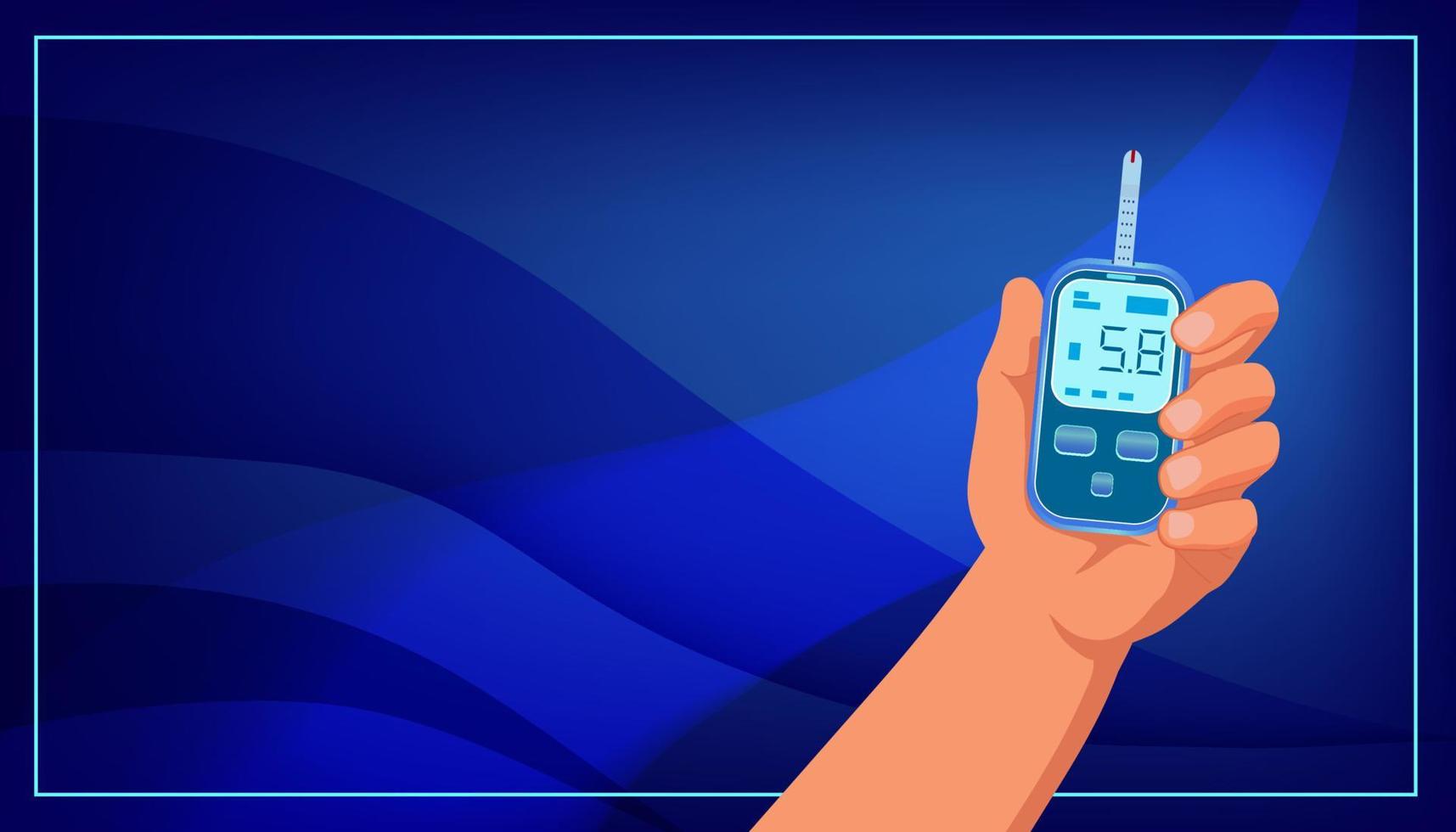 Glucose meter with a test strip in hand. Device for self monitoring of glucose level in blood, showing 5.8 result. Blue wavy background with copyspace. Healthcare illustration for prints vector