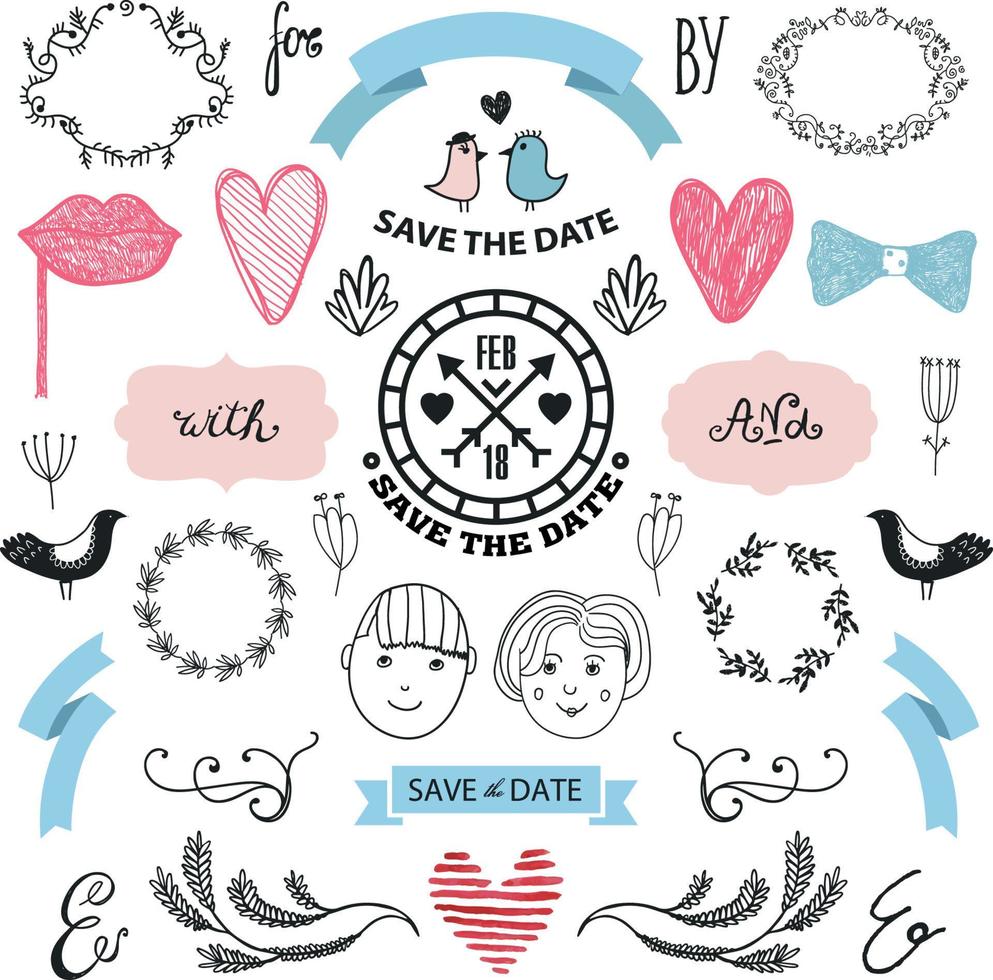 Vector Hand drawn doodle Love collection, illustration Sketchy icons. Big set for Valentine s day, Mothers day, wedding, love and romantic events. Frames, laurels, florals, vintage design