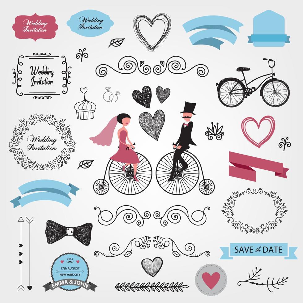 colección de amor de fideos dibujados a mano vectorial, iconos incompletos de ilustración. gran set para el día de san valentín, día de la madre, boda, amor y eventos románticos. marcos, laureles, florales, diseño vintage vector