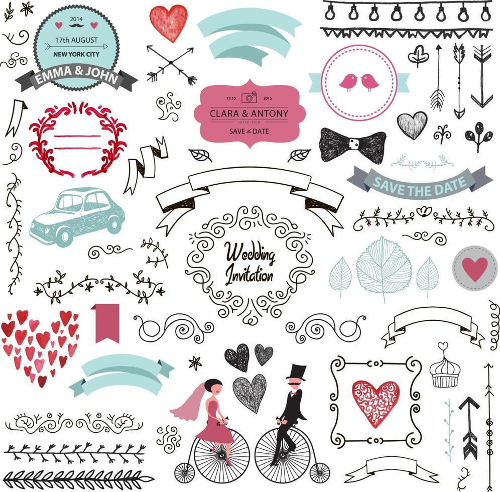 colección de amor de fideos dibujados a mano vectorial, iconos incompletos de ilustración. gran set para el día de san valentín, día de la madre, boda, amor y eventos románticos. marcos, laureles, florales, diseño vintage vector