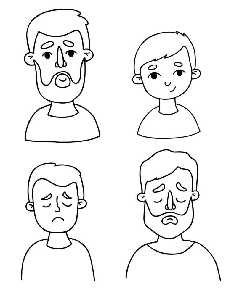 Male faces. Portraits of father and son. Emotions happy and sad. Vector line hand drawings in doodle style. Isolated faces avatars for design.