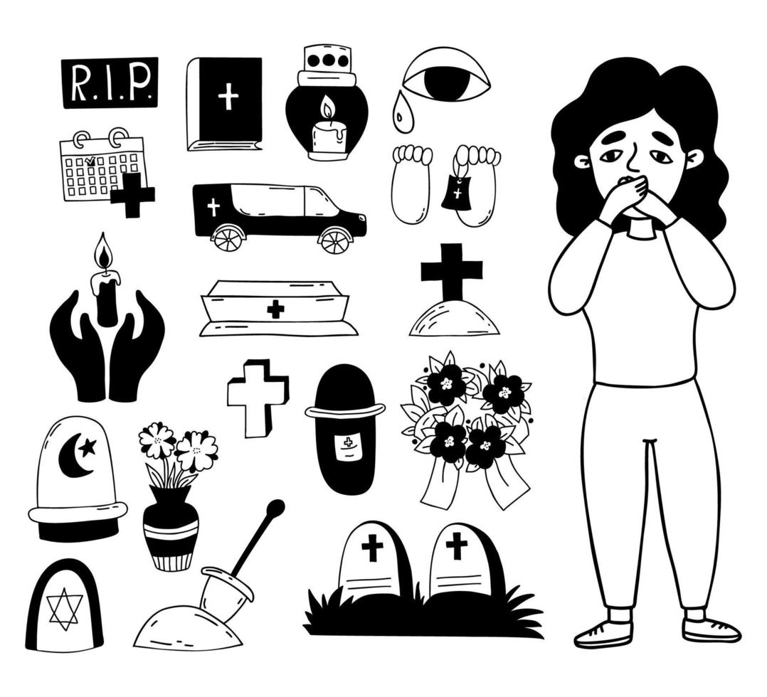 Death, funeral, cemetery with graves, hearse, coffin and an unfortunate heartbroken woman. Isolated vector hand drawings in doodle style. Icon symbols for design funeral themes.