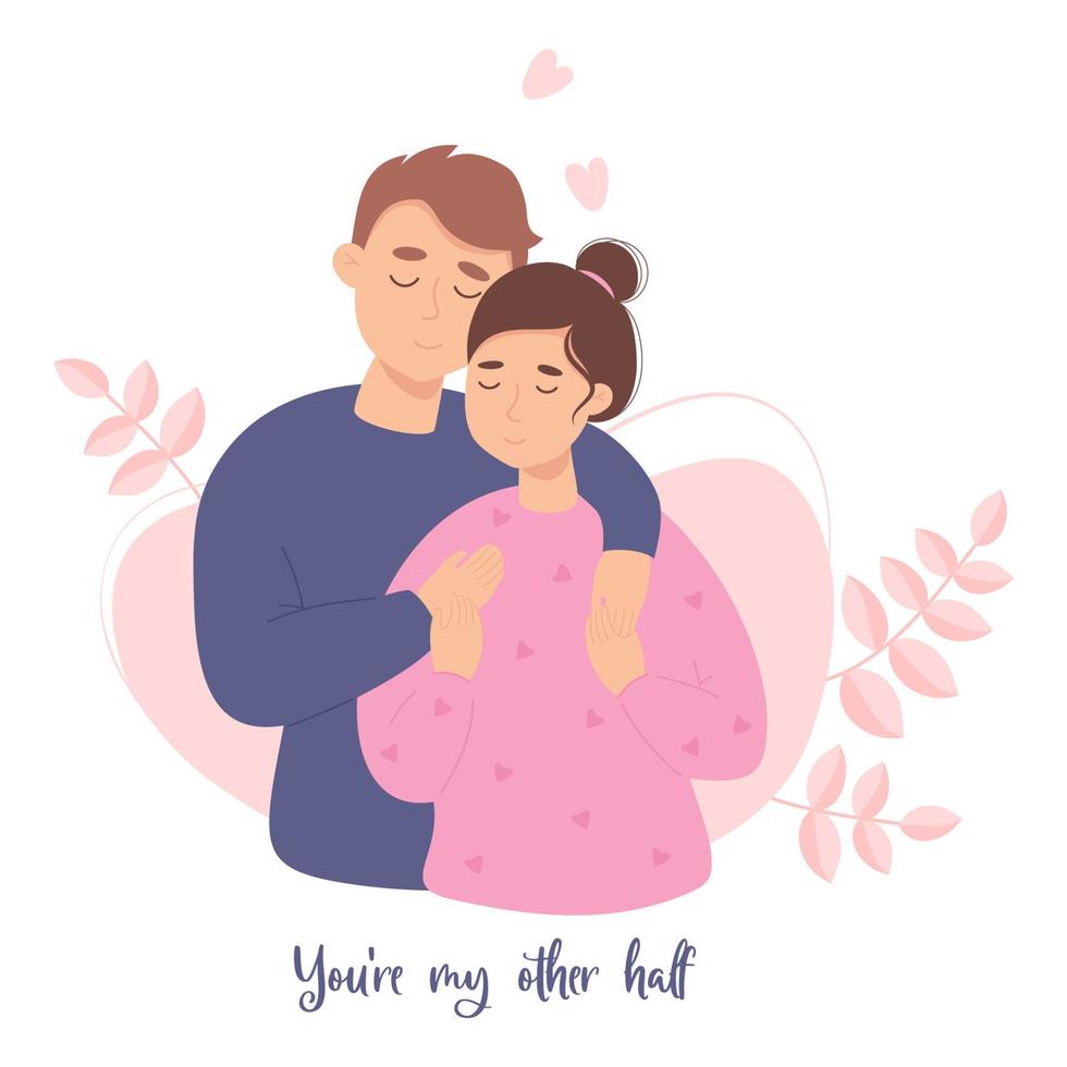 Happy couple in love. Romantic valentine card Youre my other half. Vector illustration in flat style of loving young couple for valentines day, wedding and birthday design.