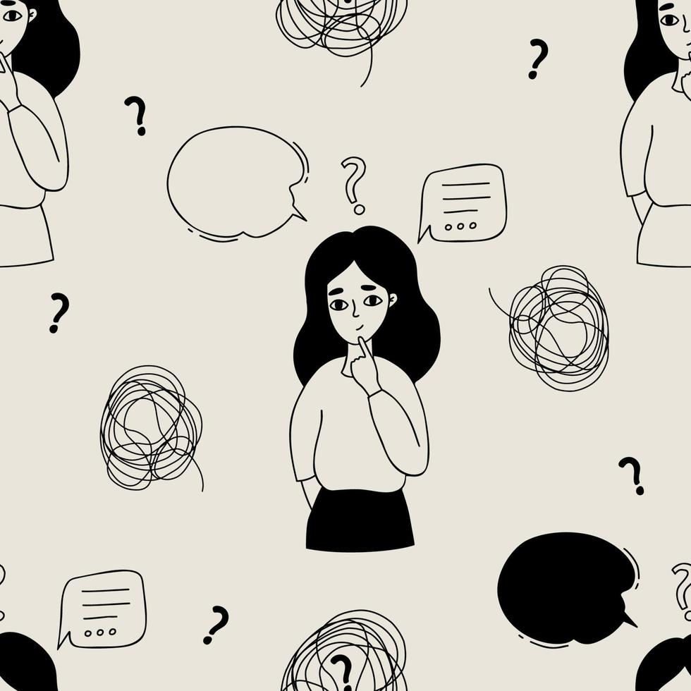 Seamless pattern with portrait of pensive girl with text bubbles, messages and thoughts on light background. Vector illustration. Linear hand drawing with doodle style.