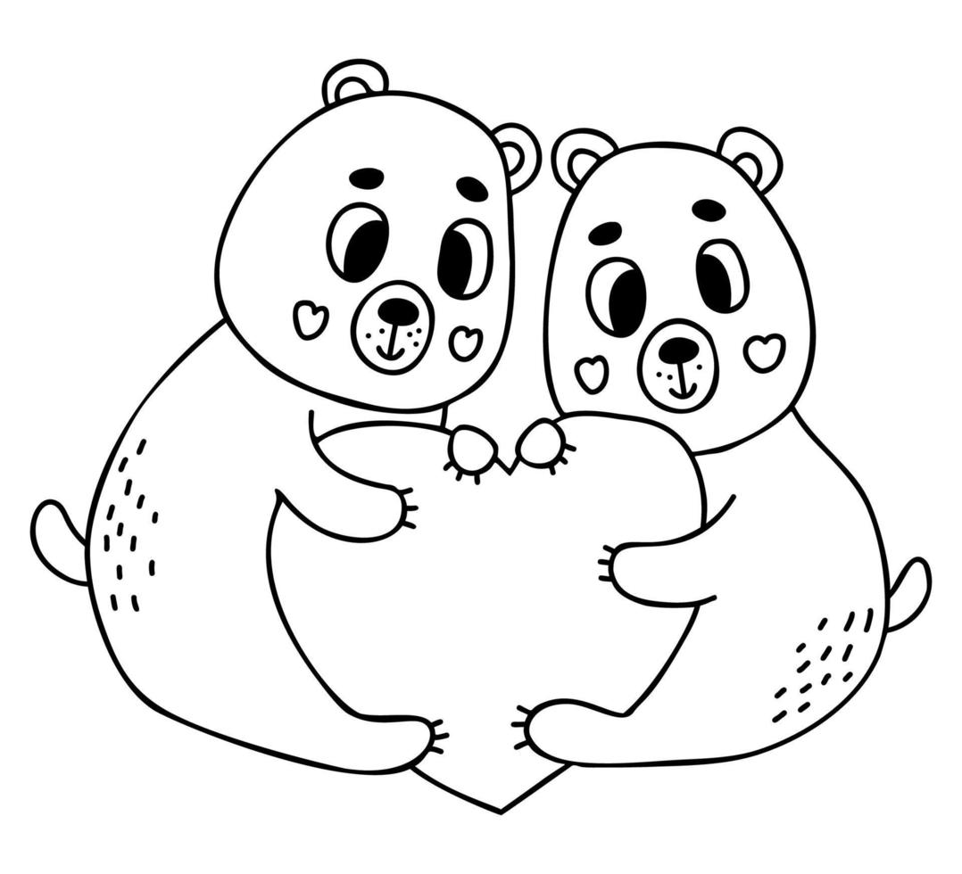 Pair of love teddy bears with big heart. Vector illustration in doodle style. Outline drawing for design, decor, Valentines cards, print.