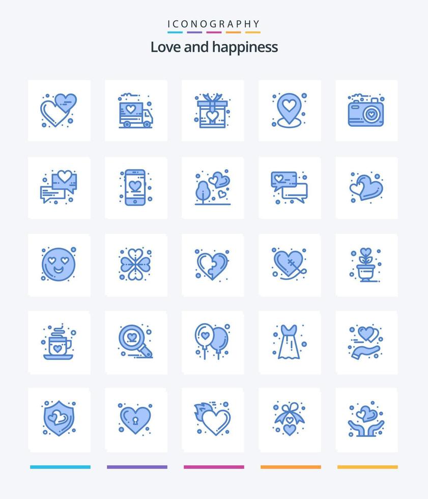 amor creativo 25 paquete de iconos azules como foto. imagen. regalo. cámara. localización vector